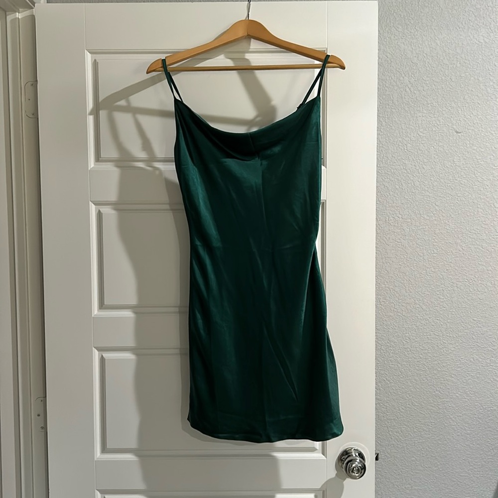 Satin green cowl neck mini dress